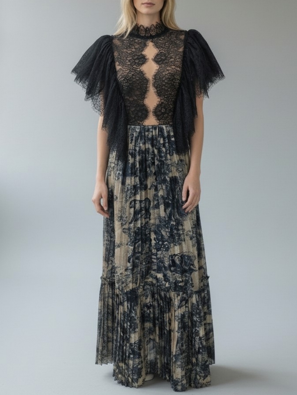 Lace top Pleated Maxi Dress